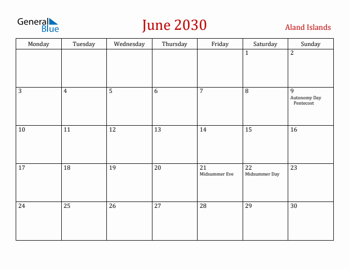 Aland Islands June 2030 Calendar - Monday Start