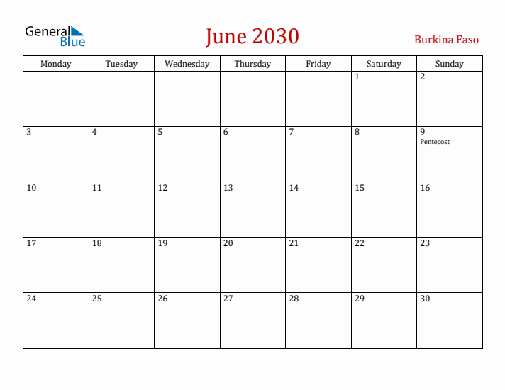 Burkina Faso June 2030 Calendar - Monday Start