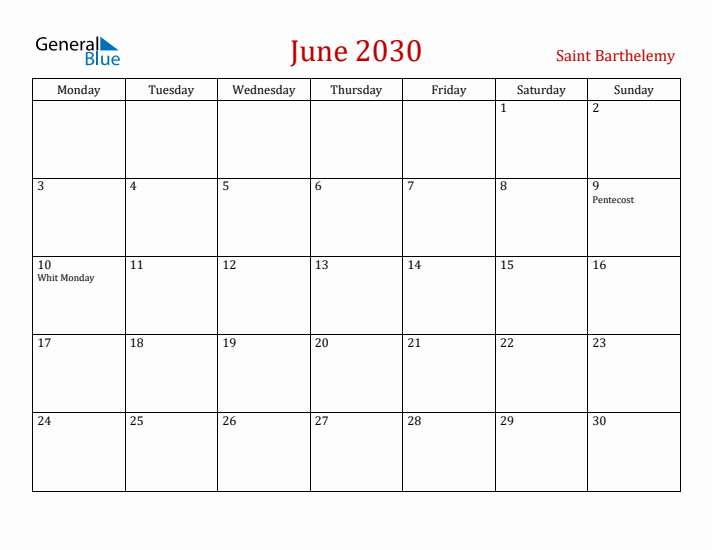 Saint Barthelemy June 2030 Calendar - Monday Start