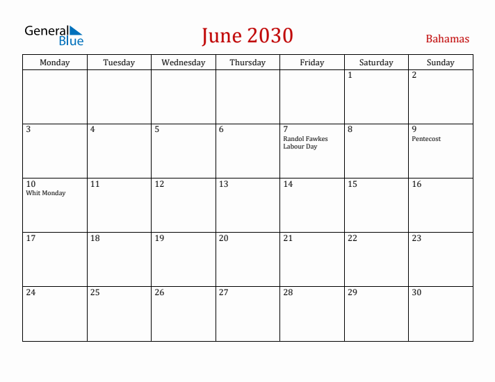 Bahamas June 2030 Calendar - Monday Start