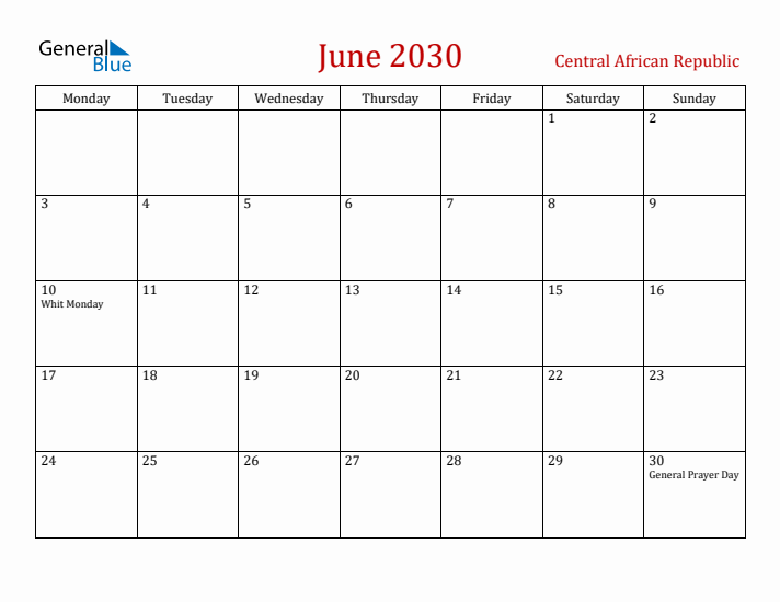 Central African Republic June 2030 Calendar - Monday Start