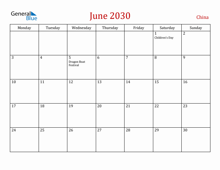 China June 2030 Calendar - Monday Start