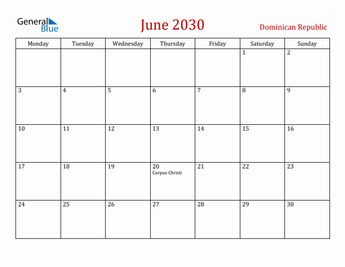 Dominican Republic June 2030 Calendar - Monday Start