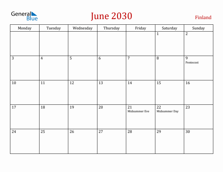 Finland June 2030 Calendar - Monday Start