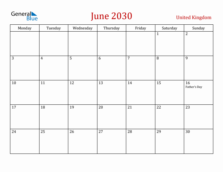 United Kingdom June 2030 Calendar - Monday Start
