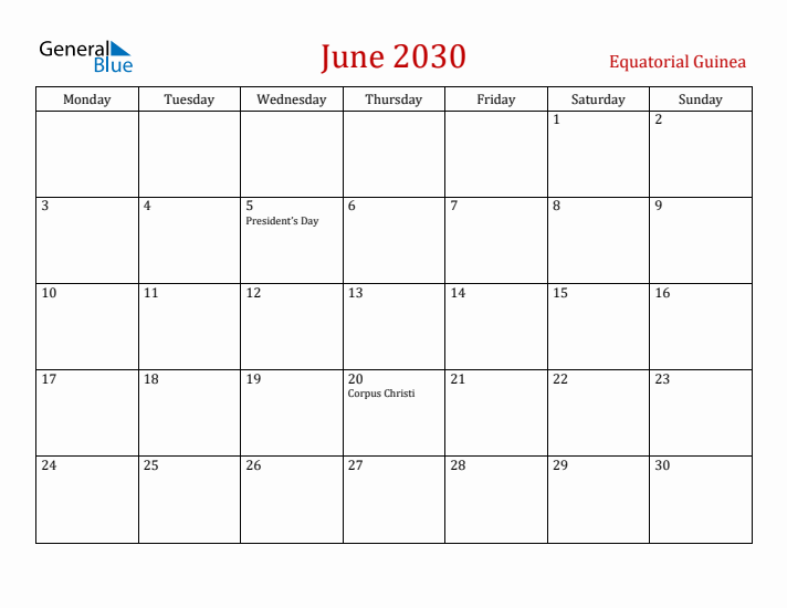 Equatorial Guinea June 2030 Calendar - Monday Start