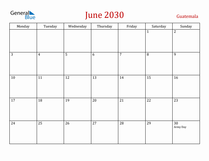 Guatemala June 2030 Calendar - Monday Start