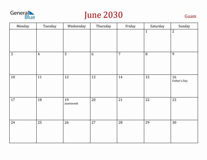 Guam June 2030 Calendar - Monday Start