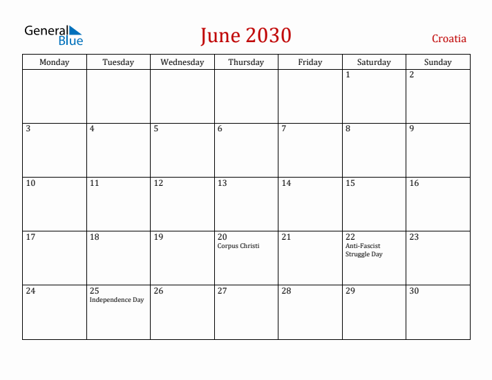 Croatia June 2030 Calendar - Monday Start