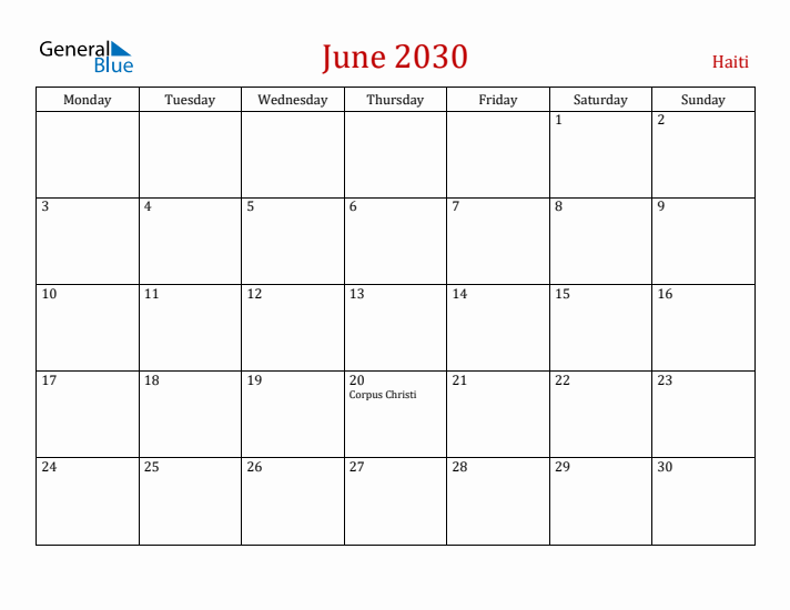 Haiti June 2030 Calendar - Monday Start