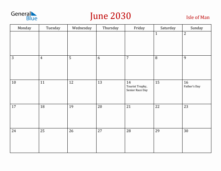Isle of Man June 2030 Calendar - Monday Start