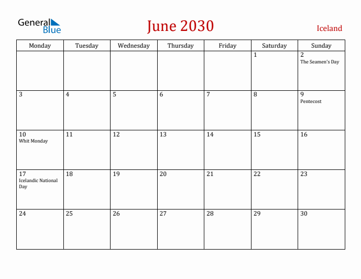 Iceland June 2030 Calendar - Monday Start