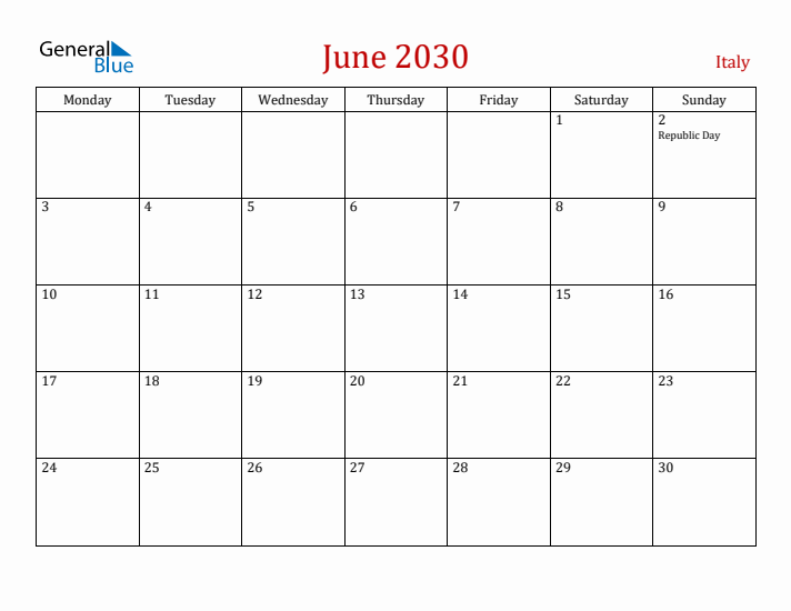Italy June 2030 Calendar - Monday Start