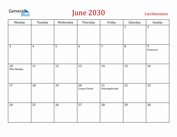 Liechtenstein June 2030 Calendar - Monday Start
