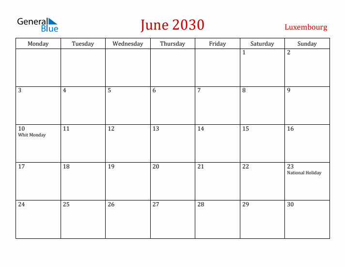 Luxembourg June 2030 Calendar - Monday Start