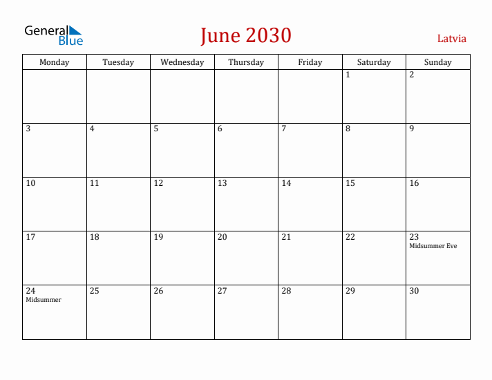 Latvia June 2030 Calendar - Monday Start