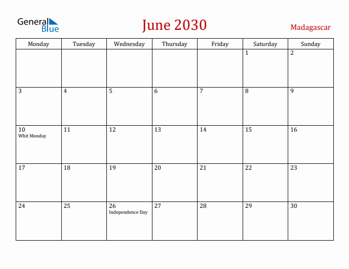 Madagascar June 2030 Calendar - Monday Start