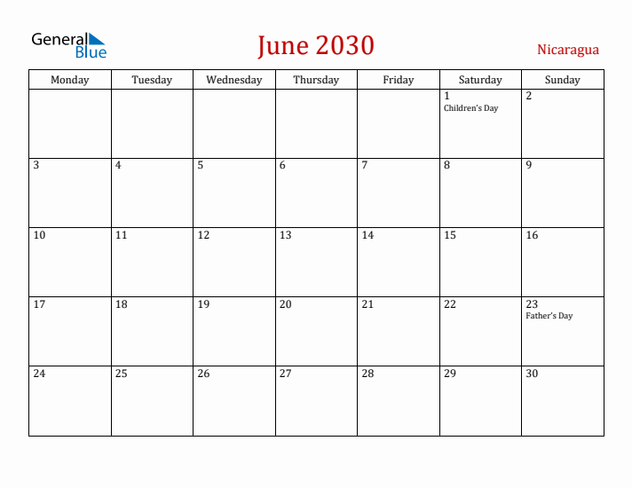 Nicaragua June 2030 Calendar - Monday Start