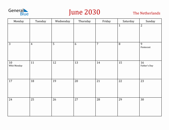 The Netherlands June 2030 Calendar - Monday Start