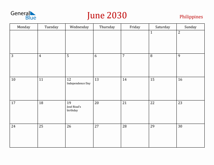 Philippines June 2030 Calendar - Monday Start