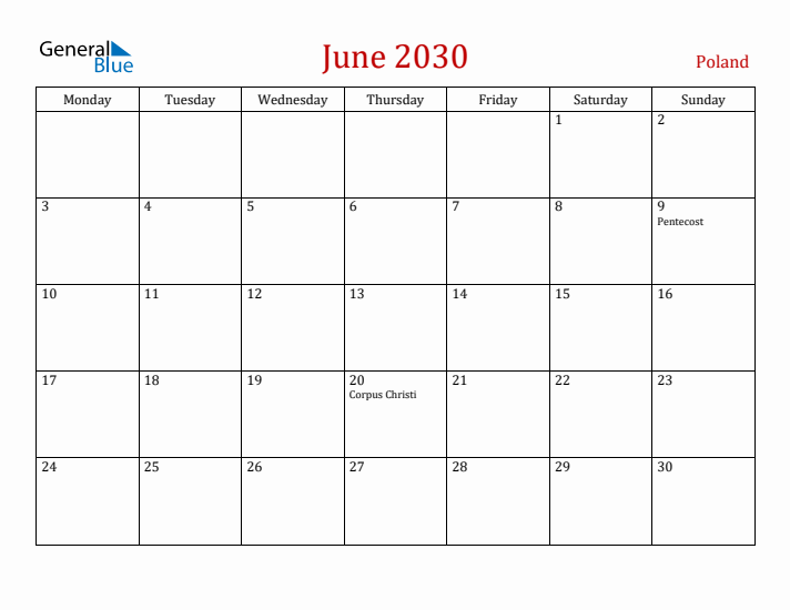 Poland June 2030 Calendar - Monday Start