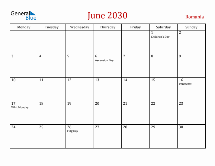 Romania June 2030 Calendar - Monday Start