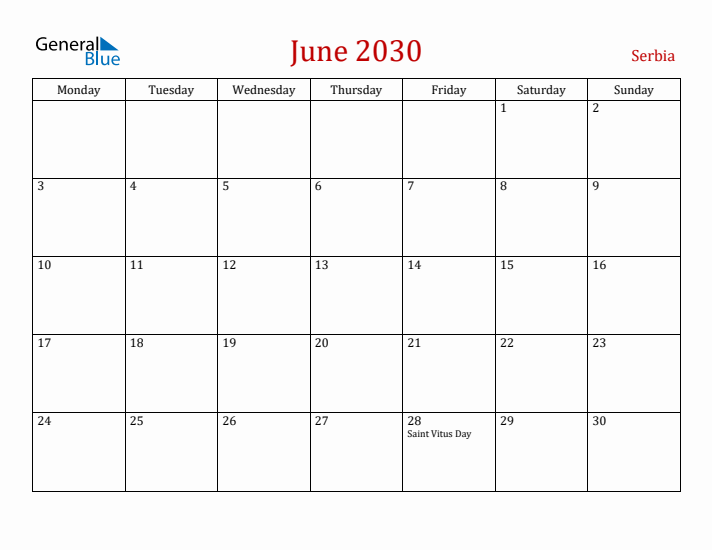 Serbia June 2030 Calendar - Monday Start