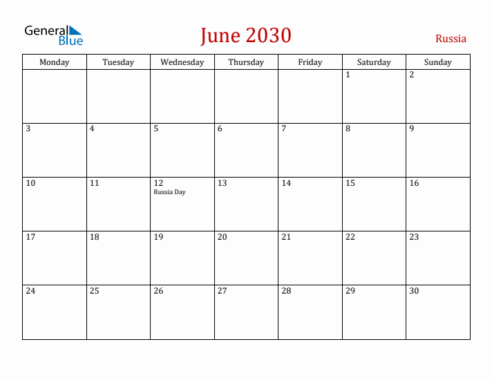 Russia June 2030 Calendar - Monday Start