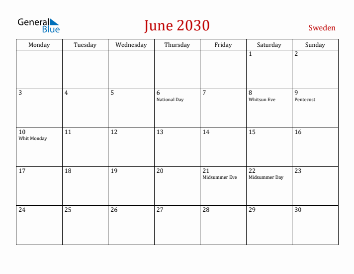 Sweden June 2030 Calendar - Monday Start
