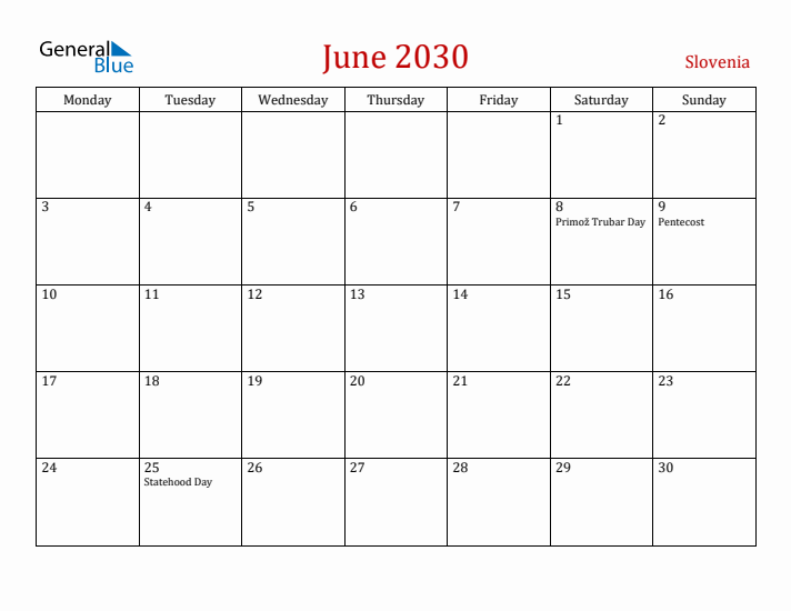 Slovenia June 2030 Calendar - Monday Start