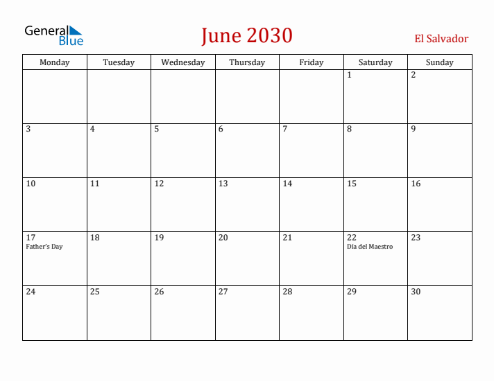 El Salvador June 2030 Calendar - Monday Start