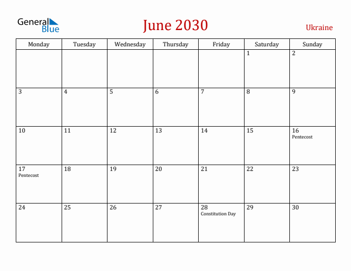 Ukraine June 2030 Calendar - Monday Start