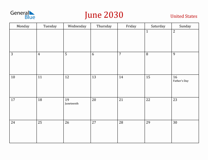 United States June 2030 Calendar - Monday Start