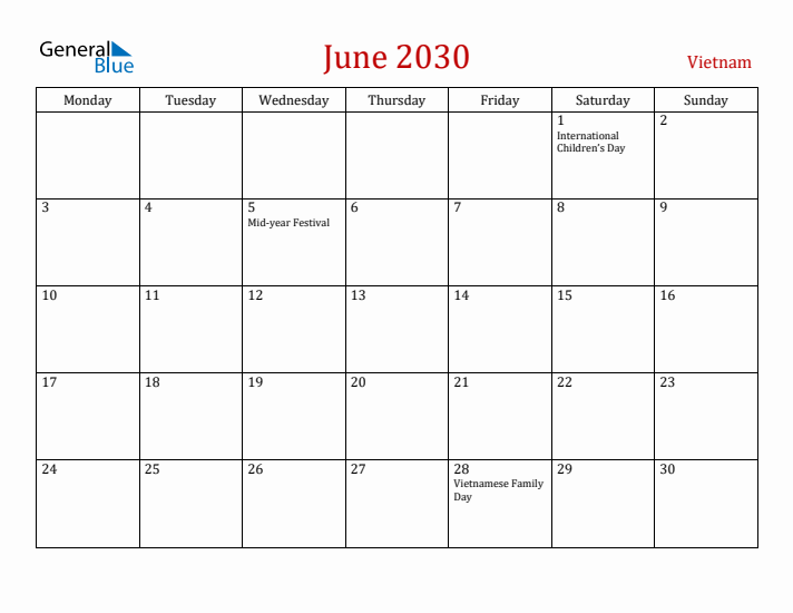 Vietnam June 2030 Calendar - Monday Start