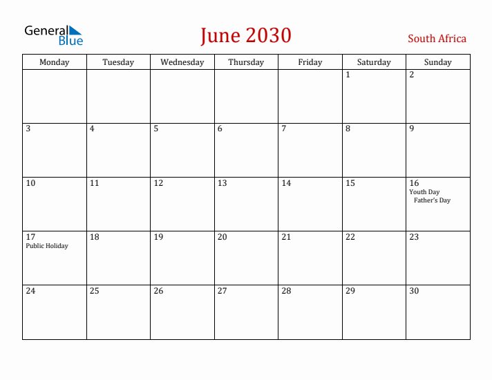 South Africa June 2030 Calendar - Monday Start