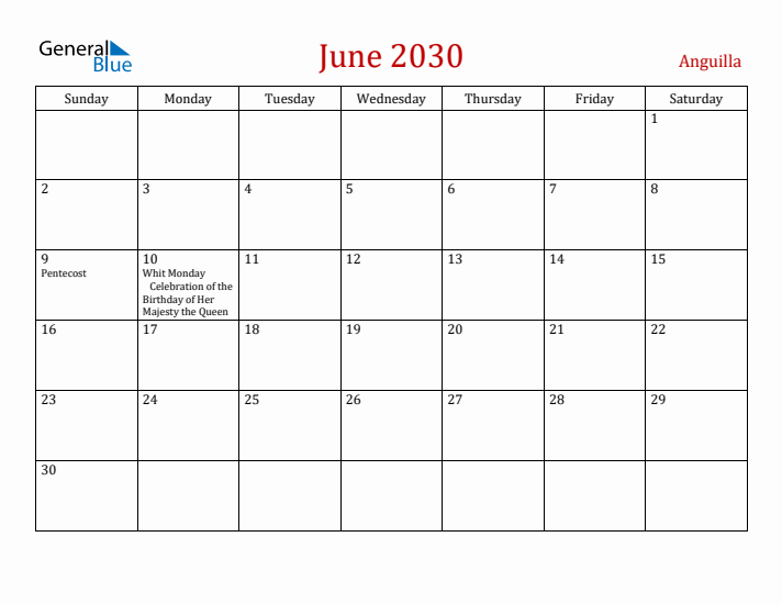 Anguilla June 2030 Calendar - Sunday Start