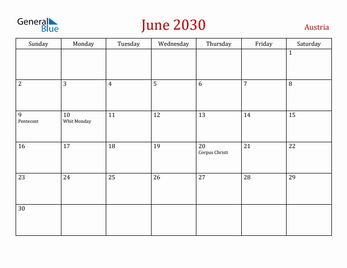 Austria June 2030 Calendar - Sunday Start