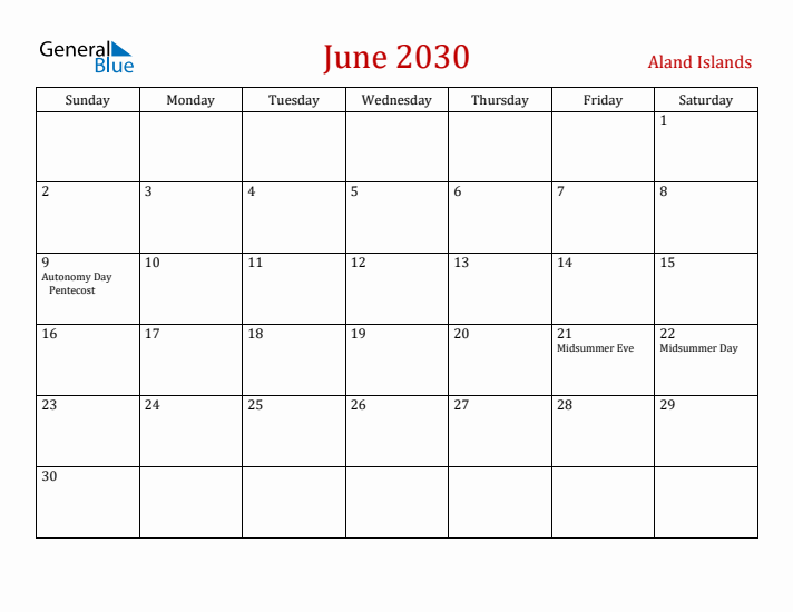 Aland Islands June 2030 Calendar - Sunday Start