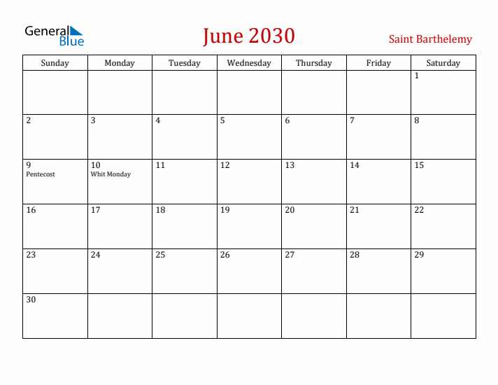 Saint Barthelemy June 2030 Calendar - Sunday Start