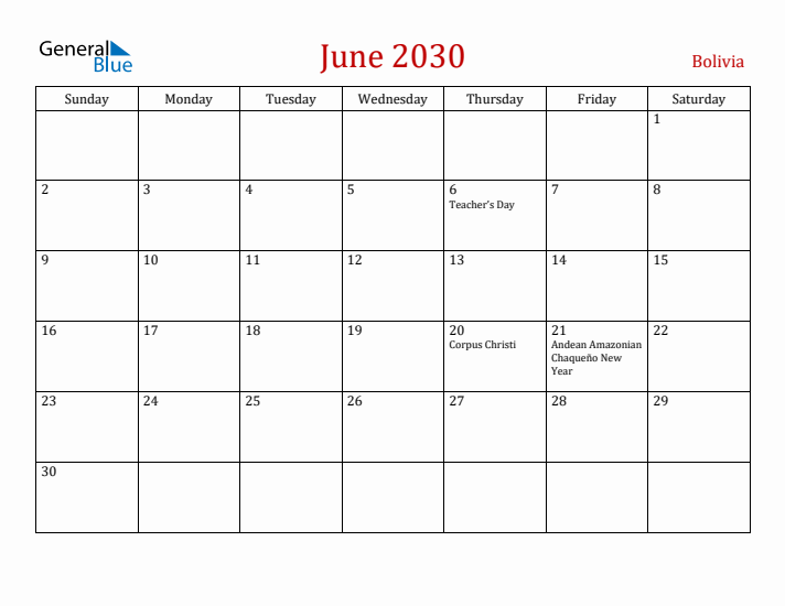 Bolivia June 2030 Calendar - Sunday Start