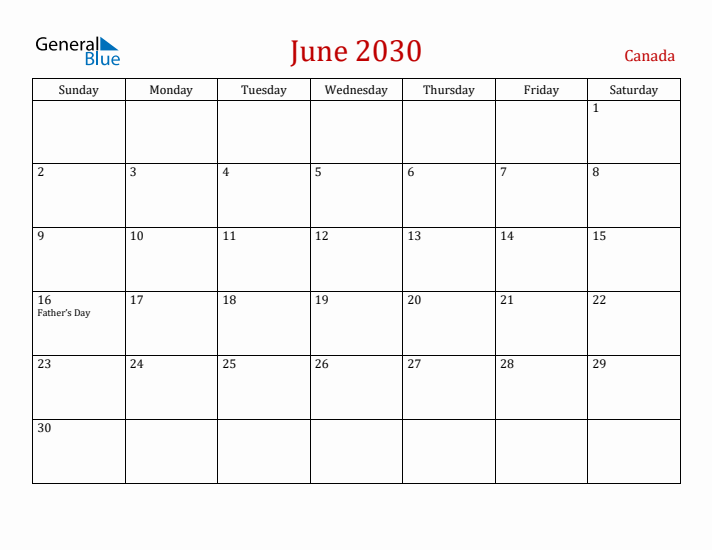 Canada June 2030 Calendar - Sunday Start