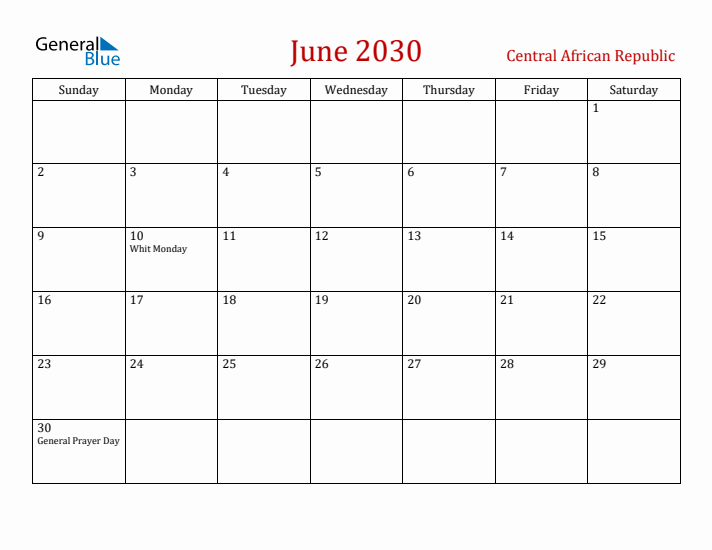 Central African Republic June 2030 Calendar - Sunday Start