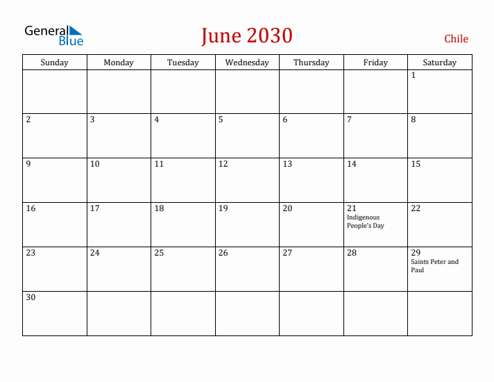Chile June 2030 Calendar - Sunday Start