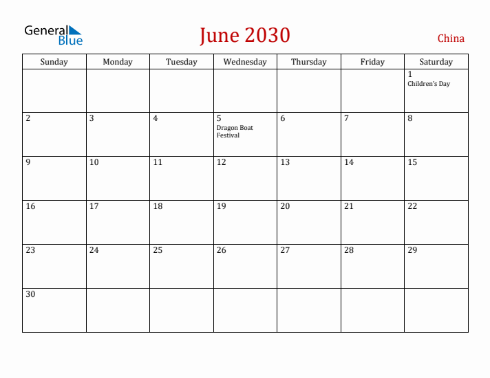 China June 2030 Calendar - Sunday Start