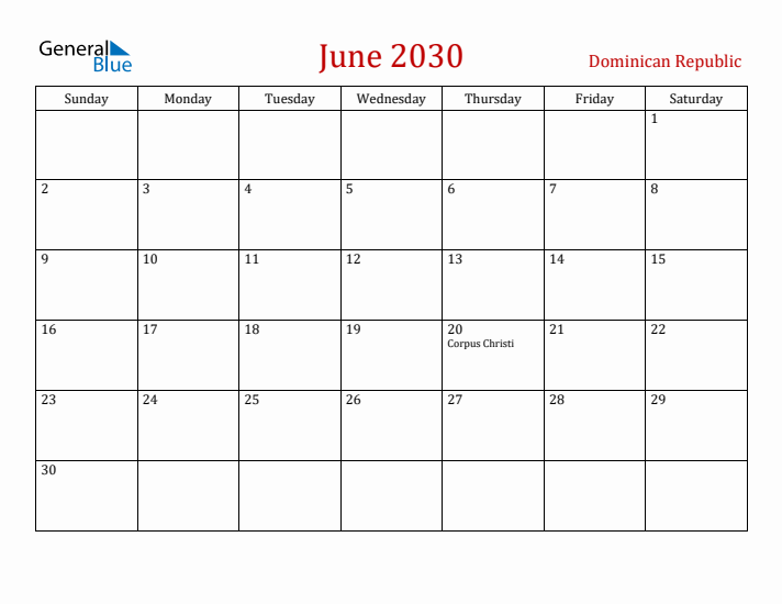 Dominican Republic June 2030 Calendar - Sunday Start