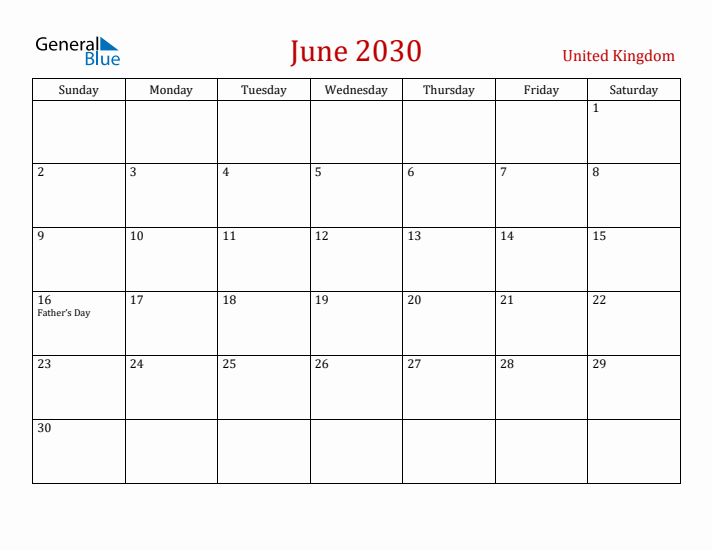 United Kingdom June 2030 Calendar - Sunday Start