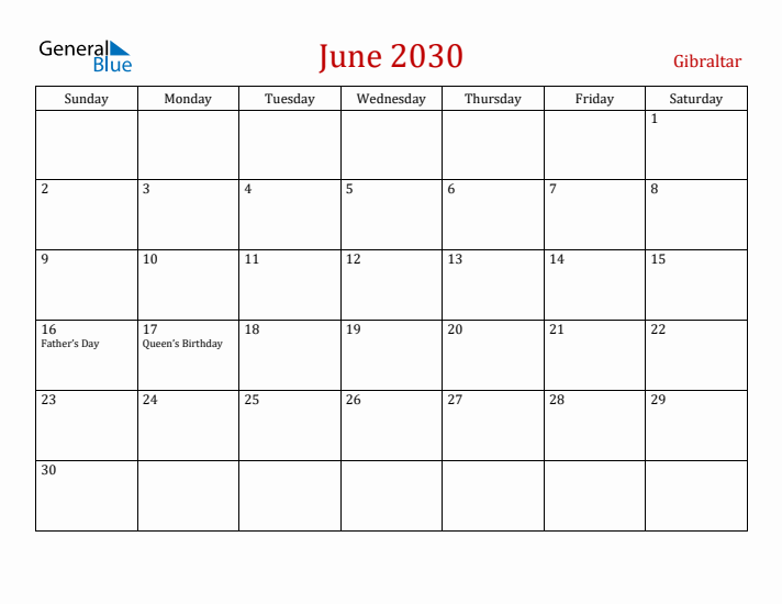 Gibraltar June 2030 Calendar - Sunday Start