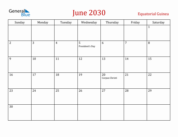 Equatorial Guinea June 2030 Calendar - Sunday Start