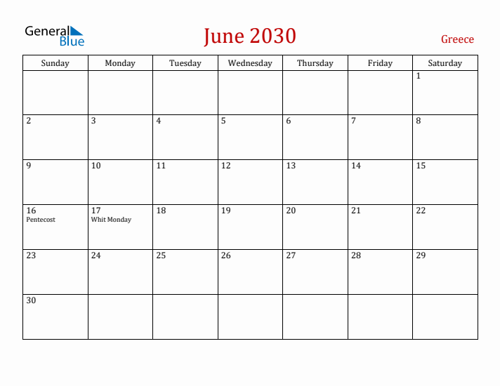 Greece June 2030 Calendar - Sunday Start
