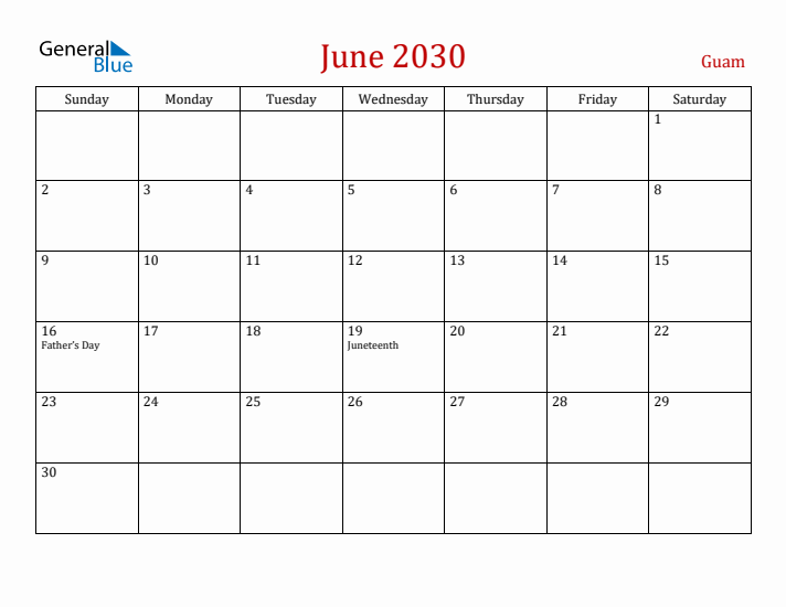 Guam June 2030 Calendar - Sunday Start